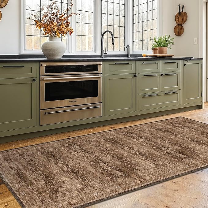 Washable 10ft Long Runners for Hallways, Brown 2'6"x10' Wide Kitchen Runner Rug, Entryway Indoor Rug, Non Slip Rubber Backing Boho Vintage Dark Floor Decor