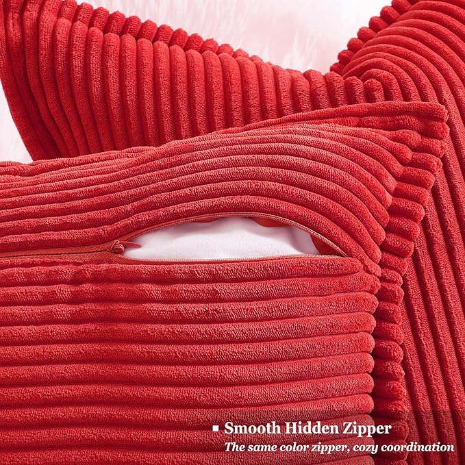 decorUhome Christmas Corduroy Red Throw Pillow Covers 18x18 Set of 2 Decorative Soft Boho Farmhouse Euro Couch Pillow Covers for Living Room Bed Sofa Broadside Striped Pillow Cases