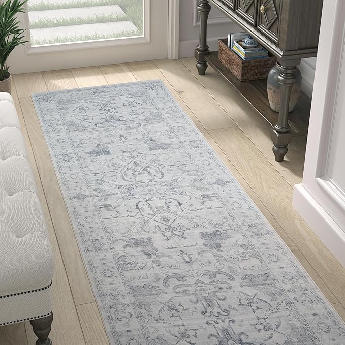 jinchan Hallway Runner Rug 2x8 Machine Washable - Vintage Floral Non-Slip Low-Pile Soft Ultra-Thin Faux Wool Kitchen Rug Distressed Carpet Runner for Farmhouse Bedroom Laundry Room (2x8ft, Grey)