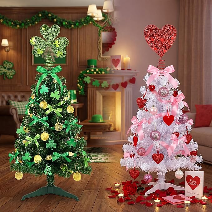 2pcs Valentine Day St Patrick's Day Mini Tree Topper Heart Shamrock Tree Topper Red Green Iron Metal Glitter Holidays Ornament for Irish Festival Party Decorations (2,Classic)