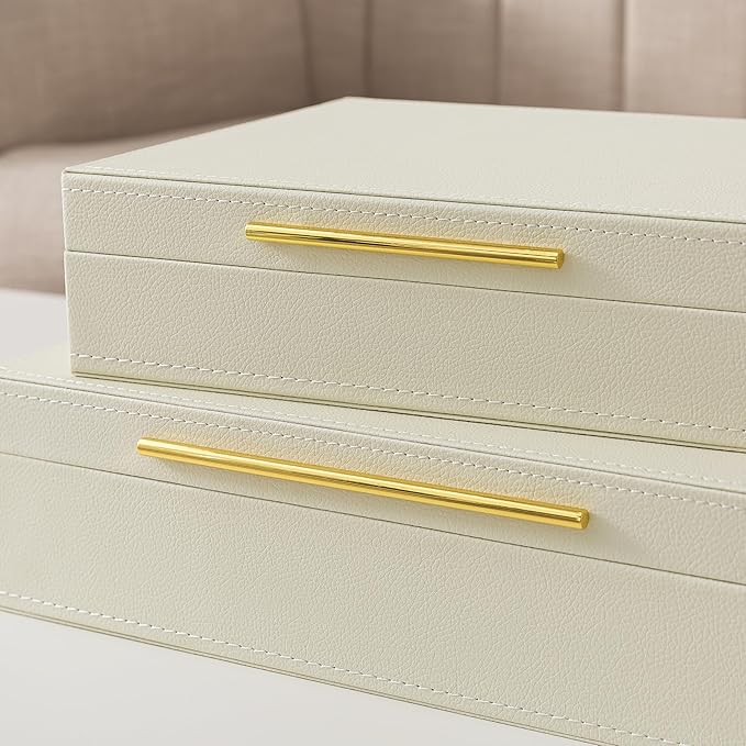 Soul & Lane Faux Leather Decorative Boxes with Lids and Gold Hardware for Home Decor, Set of 2 Stacking Hinged Boxes for Coffee Table and Living Room Shelves, Nesting Remote Control Holder, Ivory