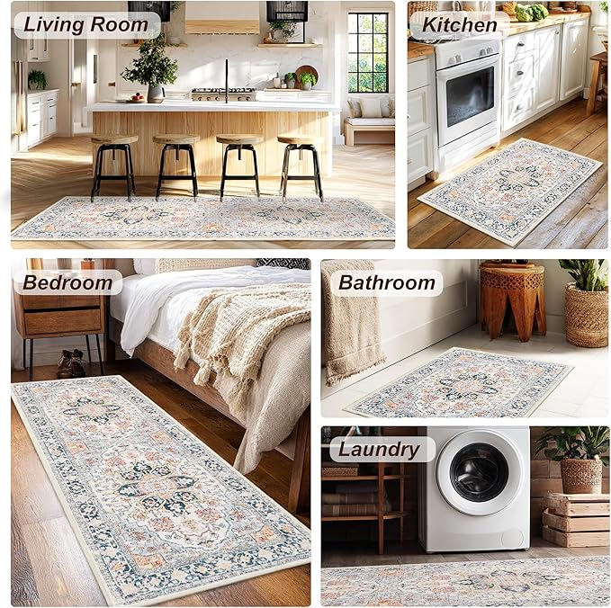 XWZO Washable Hallway Runner Rug 2x8ft — Non-Slip Low Pile Area Rug with Rubber Backing, Spill Resistant Soft Vintage Floor Carpet Runner for Kitchen Entryway Doorway Bedroom Corridor, Colorful