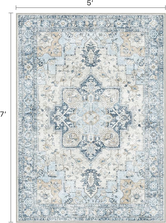 5x7 Area Rugs for Living Room, Machine Washable Rug, Non Slip Vintage Rugs, Low Pile Lightweight Print Rug for Bedroom, Dining Room, Home Office, Blue