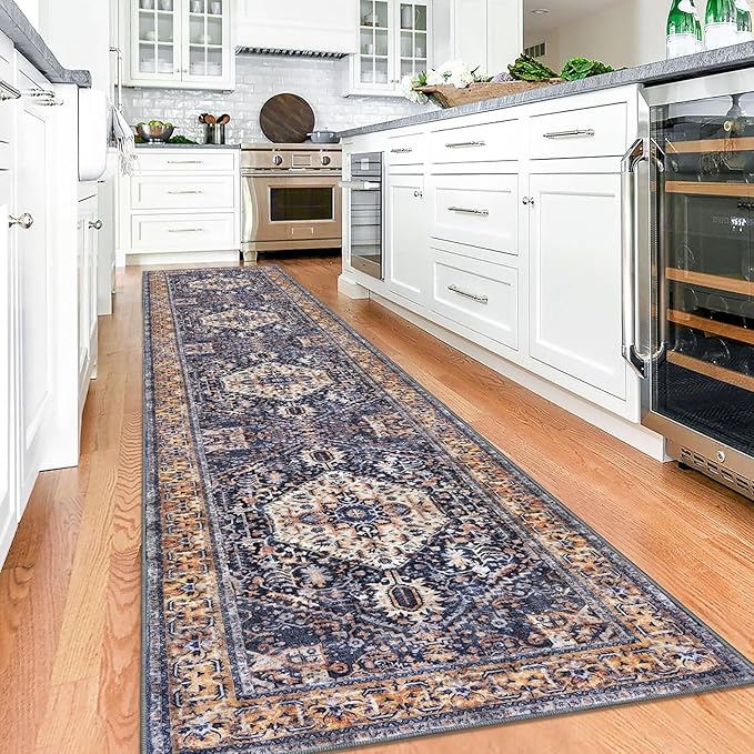 KOZYFLY Runners for Hallways 2.6x12 Ft Extra Long Washable Kitchen Boho Runner Rug for Entryway Indoor Gold Navy Printed Faux Wool Stair Runner Floor Carpet Runner for Stair Kitchen Hall