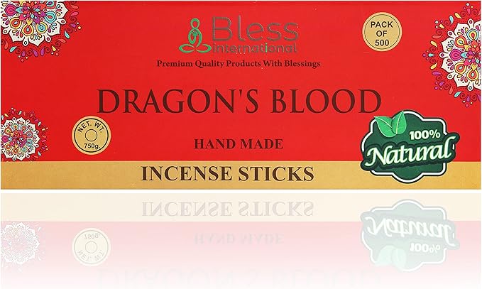 Bless-Dragons-Blood 100%-Natural-Handmade-Hand-Dipped Organic-Chemicals-Charcoal-Free Purification-Relaxation-Positivity-Yoga-Meditation Best-Woods-Scent (500 Sticks (26 OZ))