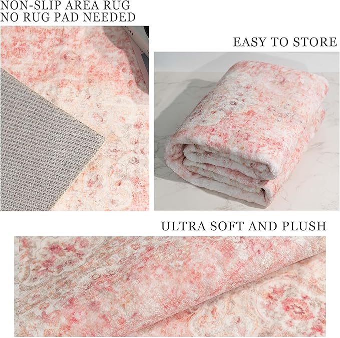 9x12 Area Rugs Washable,Pink Rug for Living Room Bedroom Dining Room,Large Boho Vintage Bohemian Distressed Carpet Non Slip,Blush