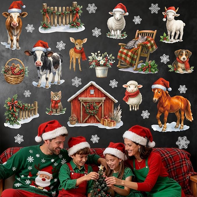 Merry Christmas Window Cling,Christmas Farm Animals Window Sticker,Xmas Farm Animals Wall Decal,Xmas Farmhouse Hourse Cows Sheep Dog Cat Wall Sticker for Glass Winter Party Home Living Room