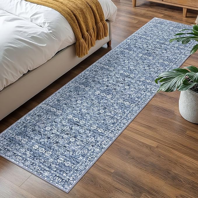 2x7 Runner Washable Rug for Hallways, Blue Soft Classic Kitchen Rugs with Non-Slip, Non-Shedding Distressed Floral Rug for Hallway Entryway Bedroom Bathroom Laundry Indoor