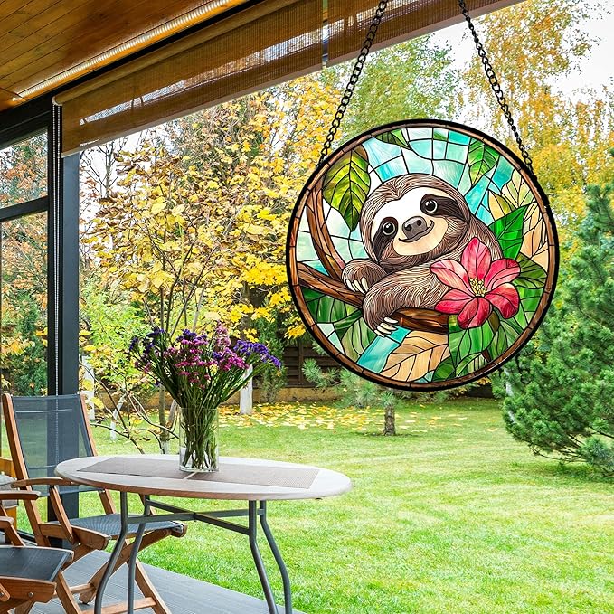 Stained Glass Window Hanging, Cute Sloth Sun Catcher for Door Home Decor Animal Suncatcher Christmas Mother's Day Birthday Gifts for Women Men Mom and Nana 9.8 in