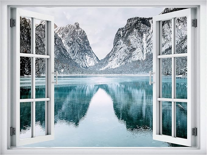 wall26 Removable Wall Sticker/Wall Mural Window View Winter Snowy Mountain Lake Forest Wilderness Nature Photography Realism Rustic Landscape Colorful for Living Room, Bedroom, Office - 24"x32"