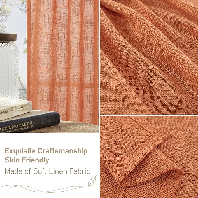 LAMIT Burnt Orange Linen Curtains 54 Inch Length 2 Panels, Light Filtering Panels Back Tab and Rod Pocket Country Decor Drapes for Bathroom/Window/Bedroom, 52 x 54 Inch