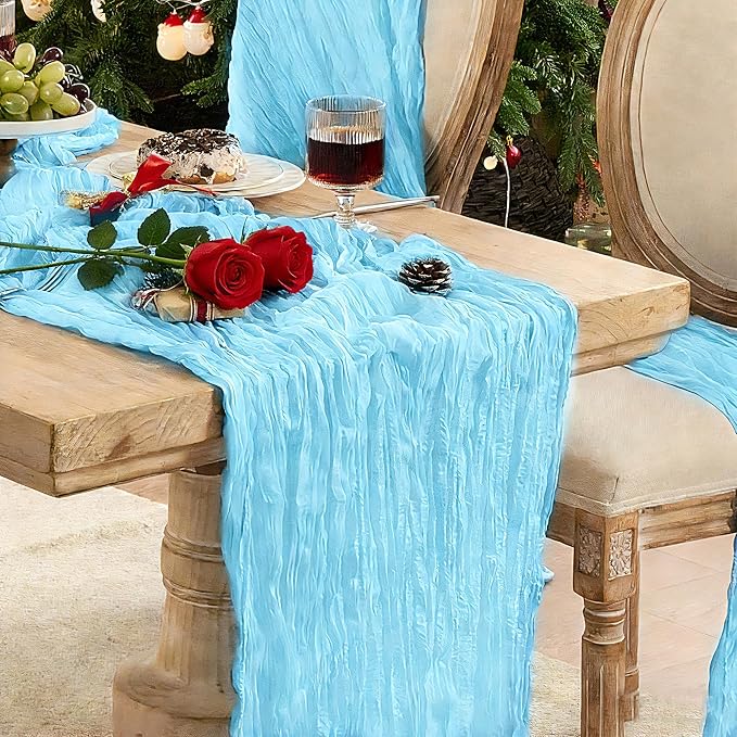 6 Pack Cheesecloth Table Runner 120 Inch Boho Rustic Gauze 10 FT Light Blue Cheese Cloths Table Runners Decorations for Spring Summer Birthday Party Baby Shower Wedding Holiday Home Decor