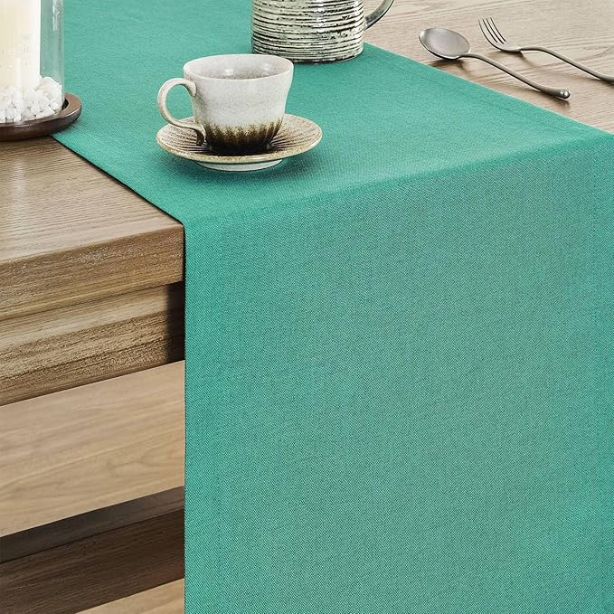ZeeMart Basic Linen Style Table Runner, 14 x 108 Inch Teal Chambray, Rustic Farmhouse Teal Table Runners 108 Inches Long, Everyday Polyester Table Runner - Machine Washable & Easy Care