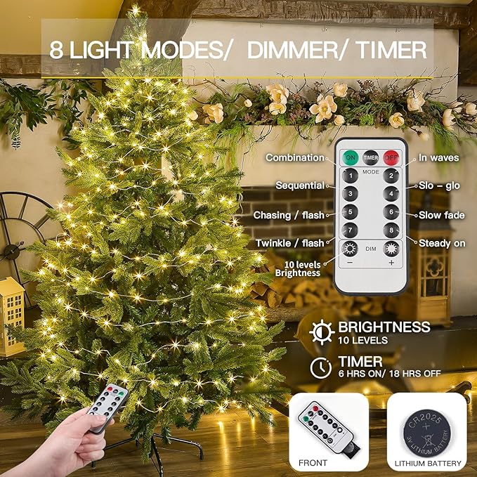 suddus 66ft 200 LED Outdoor String Lights, Warm White Christmas Fairy Light Battery Operated with Remote, Led Twinkle Lights for Bedroom, Dorm, Patio, Fireplace, Backyard, Garden, Xmas, Party, Indoor