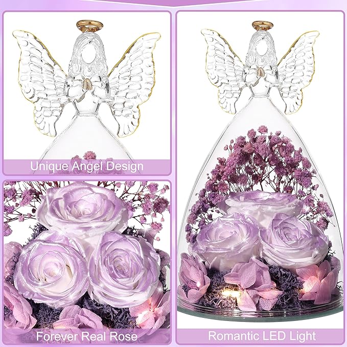 Christmas Rose Gifts for Women Preserved Real Flower in Glass Angel Figurines Roses for Delivery Prime Birthday Gifts for Mom Grandma Girlfriend Wife Her, Pearlescent Purple