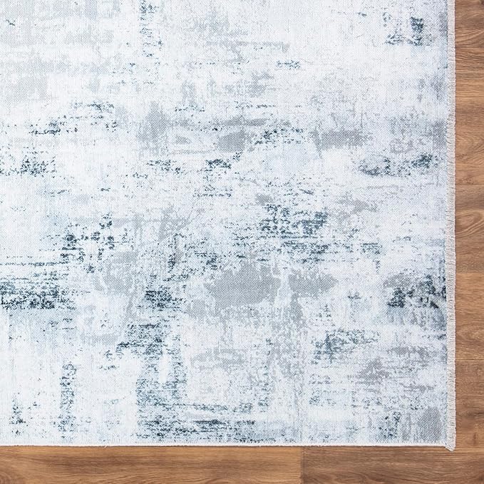 Bloom Rugs Caria Washable Non-Slip 8x10 Rug - Ivory/Silver/Blue Modern Abstract Area Rug for Living Room, Bedroom, Dining Room, and Kitchen - Exact Size: 7'8" x 10'