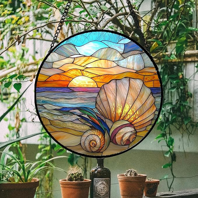 Stained Glass Window Hanging - Colorful Beach Shells Conch Sun Catcher for Door Home Decor Ocean Suncatcher Christmas Mother's Day Birthday Sea Lover Gifts for Women Men Mom Nana 6.3 in
