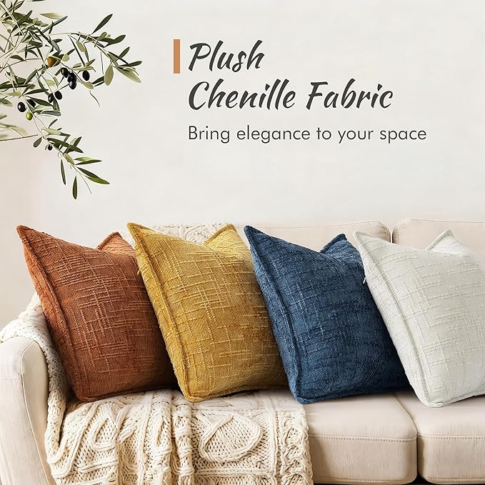 decorUhome Chenille Throw Pillow Covers 16x16 Set of 2, Thick Textured Slubby Neutral Decorative Pillow Covers with Elegant Design for Couch, Sofa, Living Room, Mustard Yellow
