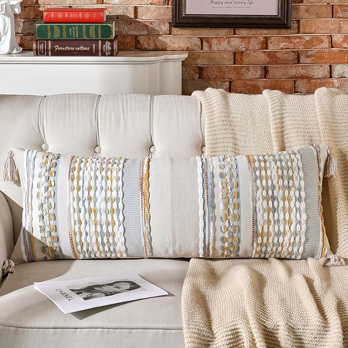 AmHoo Chenille Striped Textured Boho Throw Pillow Covers Aesthetic with Tassels Woven Decorative Pillow Case for Couch Bed Sofa Bedroom Modern Funky 14 x 36-Inch Grey