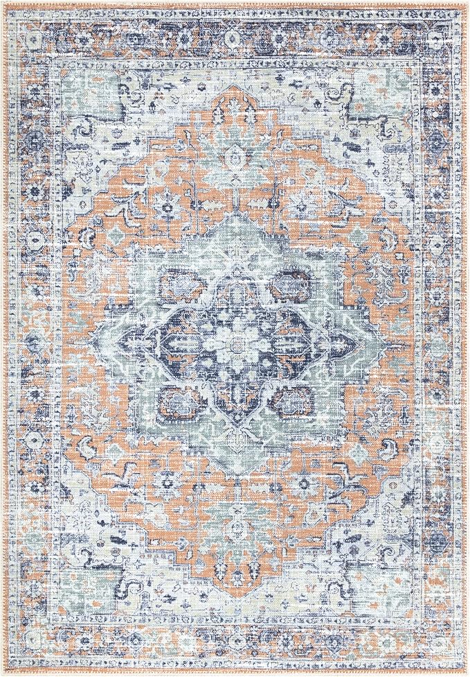 Bloom Rugs Washable Non-Slip 9' x 12' Rug - Peach/Blue Traditional Area Rug for Living Room, Bedroom, Dining Room, and Kitchen - Exact Size: 9' x 12'