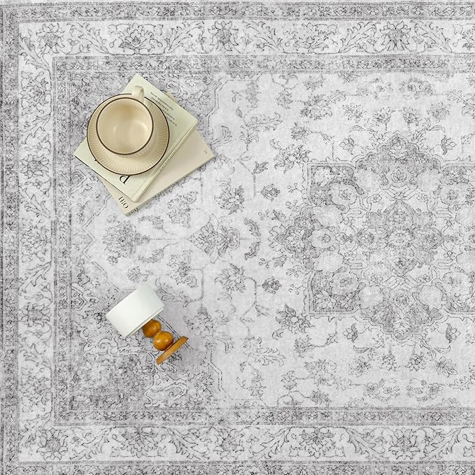 Grey Gray Area Rug 8x10 Washable Vintage Carpet for Living Room Bedroom Large Soft Retro Low Pile Thin Indoor Rug Non Slip Oriental Medallion Floor Cover for Dining Room Office