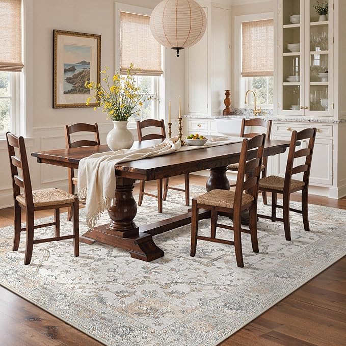 GENIMO 6x9 Area Rugs for Living Room, Machine Washable Non Slip Vintage Rugs, Low Pile Lightweight Chenille Print Rug for Bedroom, Dining Room, Home Office
