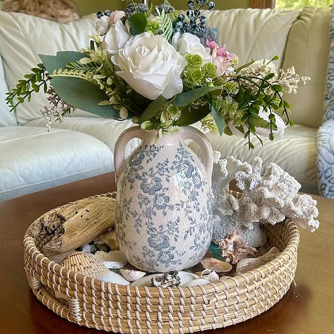 Vintage Chinoiserie Blue and White Ceramic Vases Decor 7” Retro Ice Crackle Hand-Painted Peony Ceramic Pitcher Antique Style Home Decor (7.5 Inch Blue and White)