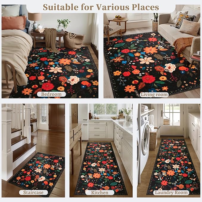 Tangsoo Runner Rug for Hallways Kitchen Rug, Non Slip 2x6 Washable Boho Floral Rug Runner for Entryway, Low Pile Carpet Door Mat Indoor Entrance for Kids Room Bedroom Laundry Office Bathroom(Black)