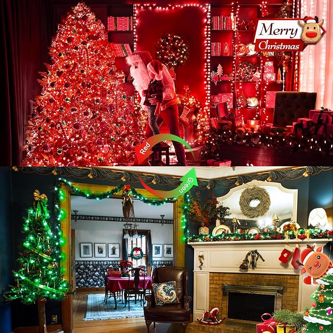 JMEXSUSS 100 LED Red & Green Christmas Lights Plug in, Christmas String Lights Indoor, 33ft Connectable Color Changing Light Outdoor for Party Decor