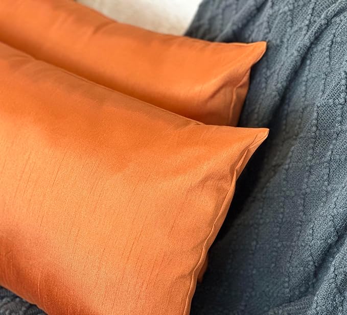 Aiking Home 12x24 Inches Faux Silk Rectangular Throw Pillow Cover, Zipper Closure, Orange (Set of 2)