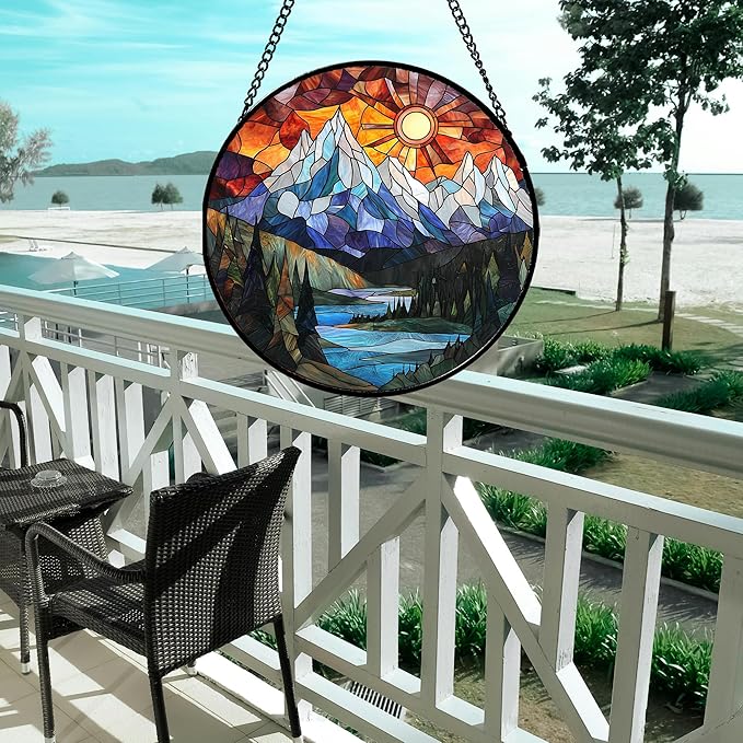 Stained Glass Window Hanging - Colorful Mountain Lake Landscape Sun Catcher for Door Garden Home Decor Suncatcher Christmas Mother's Day Birthday Gifts for Women Men Mom Nana 15 in