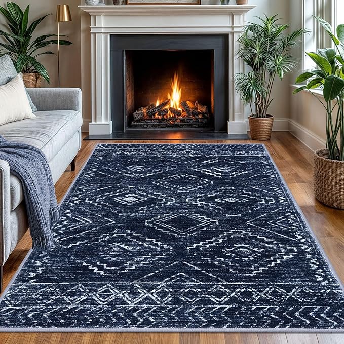 KILOCOCO Area Rug 4'x6' Entryway Rug Washable Bedroom Rugs Non Slip Printed Boho Low-Pile Rubber Backed Blue Soft Rugs for Kitchen Living Room Dining Geometric Moroccan Carpet, Dark Blue