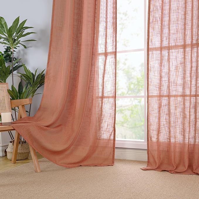 LAMIT 95 Inches Long Terracotta Linen Curtains for Living Room, Back Tab and Rod Pocket Linen Textured Curtains Light Filtering Boho Drapes for Bedroom/Dining Room, Set of 2, 52 x 95 Inch