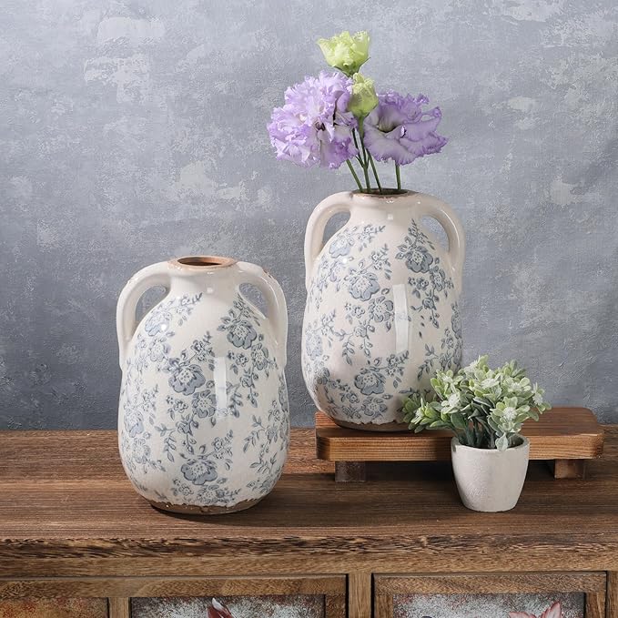 Vintage Chinoiserie Blue and White Ceramic Vases Decor 7” Retro Ice Crackle Hand-Painted Peony Ceramic Pitcher Antique Style Home Decor (7.5 Inch Blue and White)