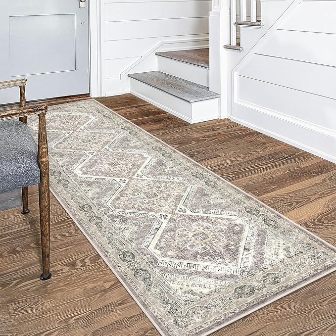 KUTA Oriental Washable Runner Rug, 2.6x8 Runners for Hallways Non-Slip Vintage Ivory Grey Yellow Brown Kitchen Runners Ultra Soft Printed Distressed Tribal 8ft Floor Carpet Rugs for Stairway Bedroom