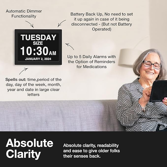 American Lifetime Dementia Clock 2025 Large Digital Display for Seniors with Day and Date, Alzheimer’s Calendar with Custom Alarms, 12-Inch Screen, Black