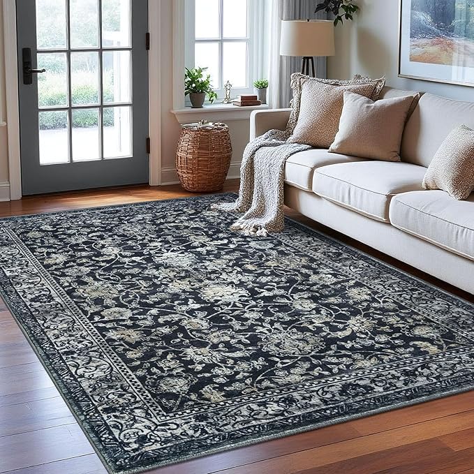 KILOCOCO Area Rug 6x9 Living Room Rug Washable Printed Vintage Floral Non Slip Soft Rubber Backed Indoor Bedroom Rugs for Laundry Room Kitchen Playroom Moroccan Area Rugs, Navy/Charcoal