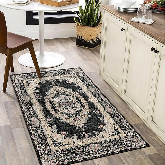 Small Rugs 2x3,Black Rug for Entryway Bathroom Bedroom Kitchen Entrance Doormat,Boho Vintage Bohemian Distressed Washable Accent Floor Throw Carpet Non Slip,Floral
