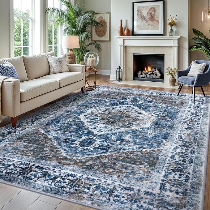KOZYFLY Boho Area Rug 8x10 Ft Thin Rugs for Living Room Washable Bedroom Rug Non Slip Rugs for Living Room Blue Printed Faux Wool Vintage Bedroom Rug Floor Carpet for Dining Room