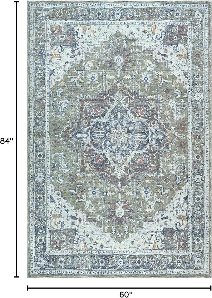 Bloom Rugs Washable Non-Slip 5' x 7' Rug - Green/Blue Traditional Medallion Area Rug for Living Room, Bedroom, Dining Room, and Kitchen - Exact Size: 5' x 7'