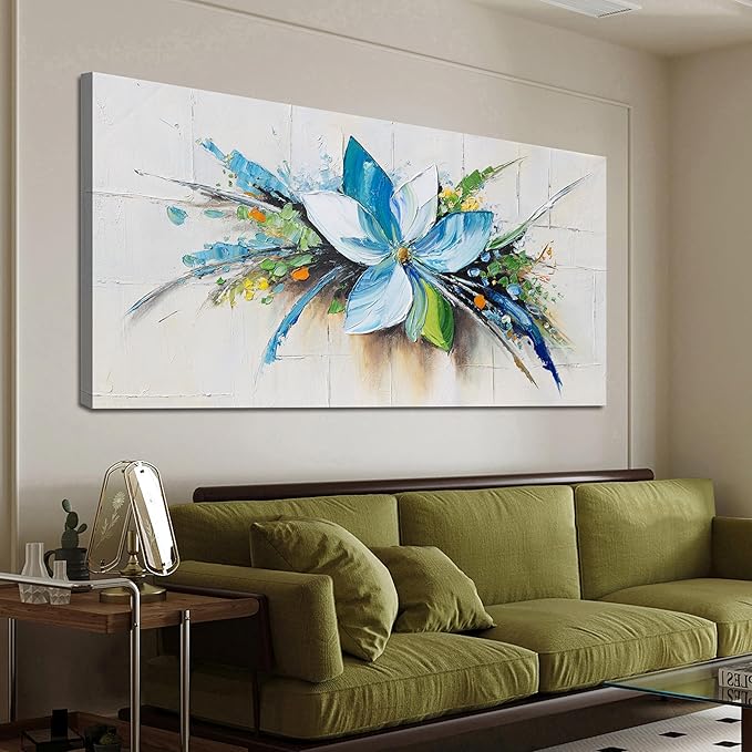Canvas Wall Art Decor Large Wall Art for Living Room Canvas Art Wall Decor Blue Floral Wall Art Decor Large Artwork for Walls Modern Flower Wall Art Prints Kitchen Bedroom Office Wall Decor 29" X 58"