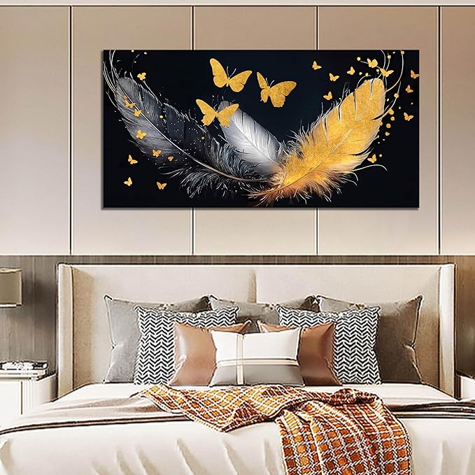 SIXTTART Feather Canvas Wall Art for Living Room - Butterfly Pictures Wall Art for Bedroom - Black White and Gold Wall Art for Office Size 29" x 59"