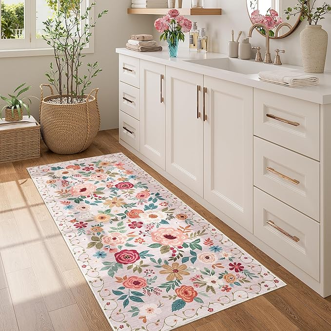 DUKINO 2x5 Runner Rug for Hallway, Washable Kitchen Floral Runner Rug with Non Slip Backing, Low Pile Soft Boho Carpet for Kitchen, Hallway, Entryway, Laundry, Bedroom, Beige