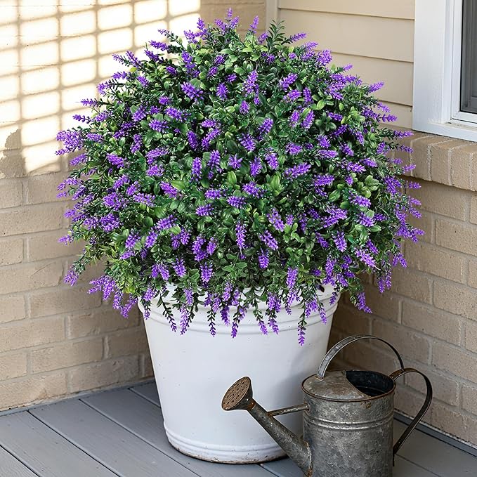 HyeFlora 26'' Artificial Topiary Boxwood Ball Trees with Lavender 2 Pack Fake Plants for Outdoor Indoor Artificial Shrubs with Ground Spike UV Resistant Fake Bushes for Front Porch Garden (Purple)