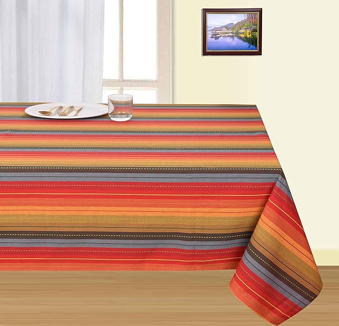 Urban Villa Tablecloth Cuisine Stripes Table Cloth Tabletop Cover Kitchen Dining Tablecloth 100% Cotton Great Parties Wedding Holiday Dinner Red Multi Rectangle 60X102 Inches 8-10 Seats Table Cloth