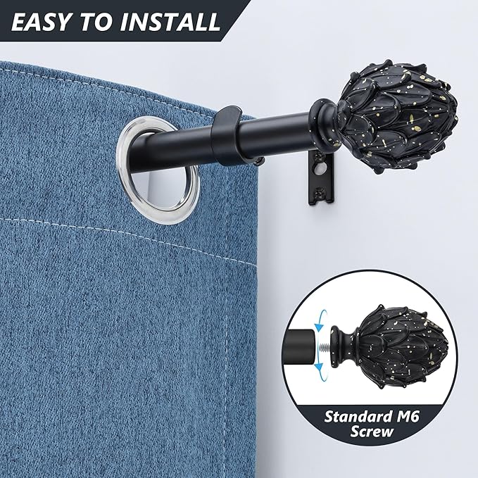 Curtain Rods for Windows 48 to 84 Inches 1 Inch Diameter Adjustable Drapery Rod Decorative Single Window Curtain Rods with Classic Finials,Black