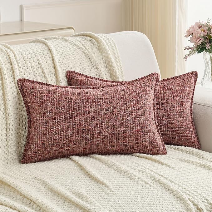 FUTEI Burgundy Decorative Throw Pillow Covers 12x20 Inch Set of 2,Soft Chenille Tweed Textured Lumbar Pillow Case,Modern Home Decor for Couch Bed Living Room
