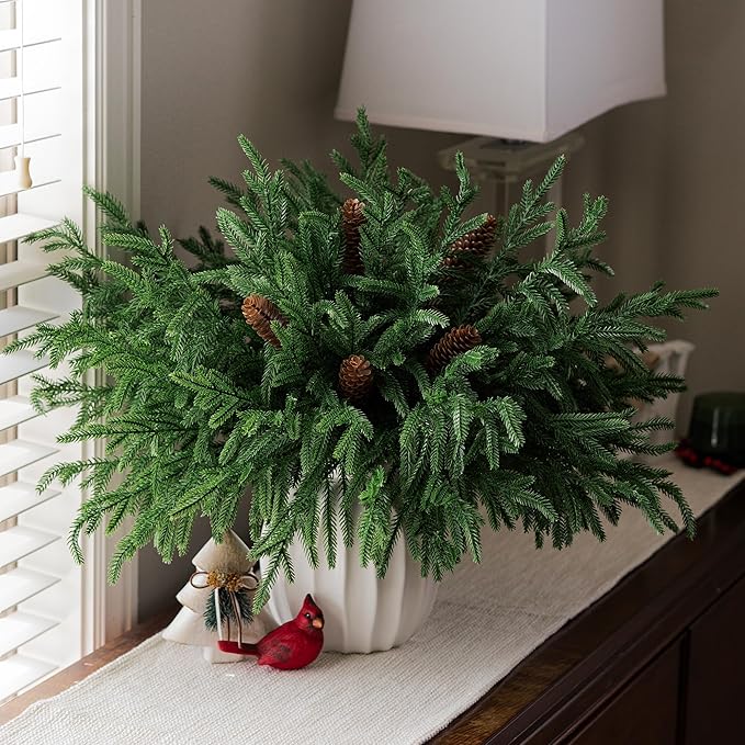 HyeFlora 19 Inch Christmas Norfolk Pine Stems, 12PCS Real Touch Faux Cedar Pine with 5PCS Big Pine Cones Branches, Artificial DIY Greenery Stems Plastic Picks for Vase Indoor Outdoor Home Garden Décor