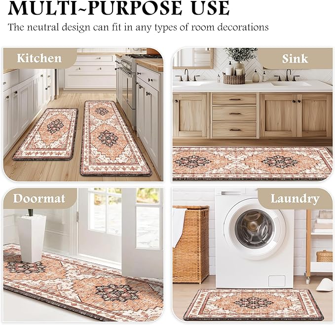 Boho Kitchen Mats for Floor 2 Piece Set Anti Fatigue Cushioned PVC Kitchen Rugs Non Slip Waterproof Farmhouse Mats 2/5 Inch Comfort Standing Mat for Sink, Laundry, Office, 17.3"x59"+17.3"x28", Orange