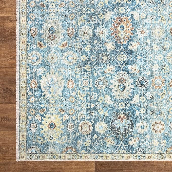 Bloom Rugs Caria Washable Non-Slip 6x9 Rug - Blue/Beige Traditional Area Rug for Living Room, Bedroom, Dining Room, and Kitchen - Exact Size: 6' x 9'